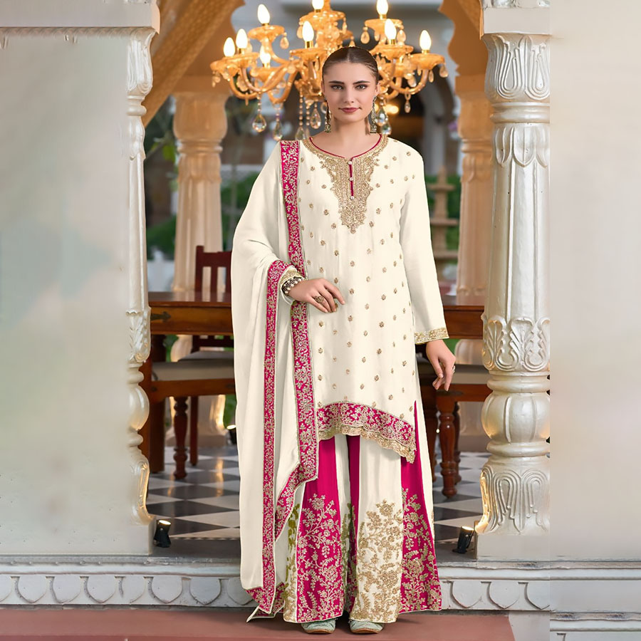 White & Pink Silk Partywear Suit